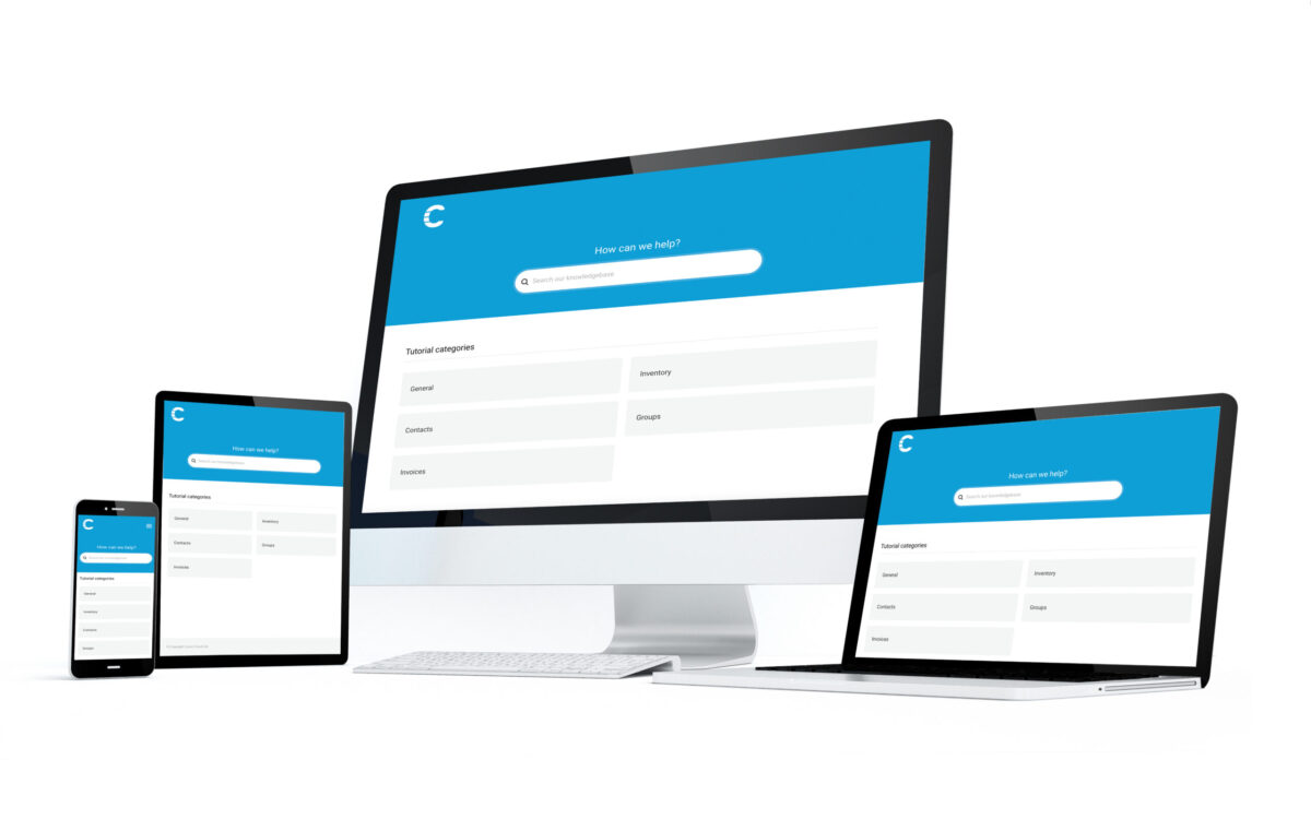 Multiple devices representing the different views of the Cubist Cloud help page. Devices include desktop, laptop, tablet and mobile phone.
