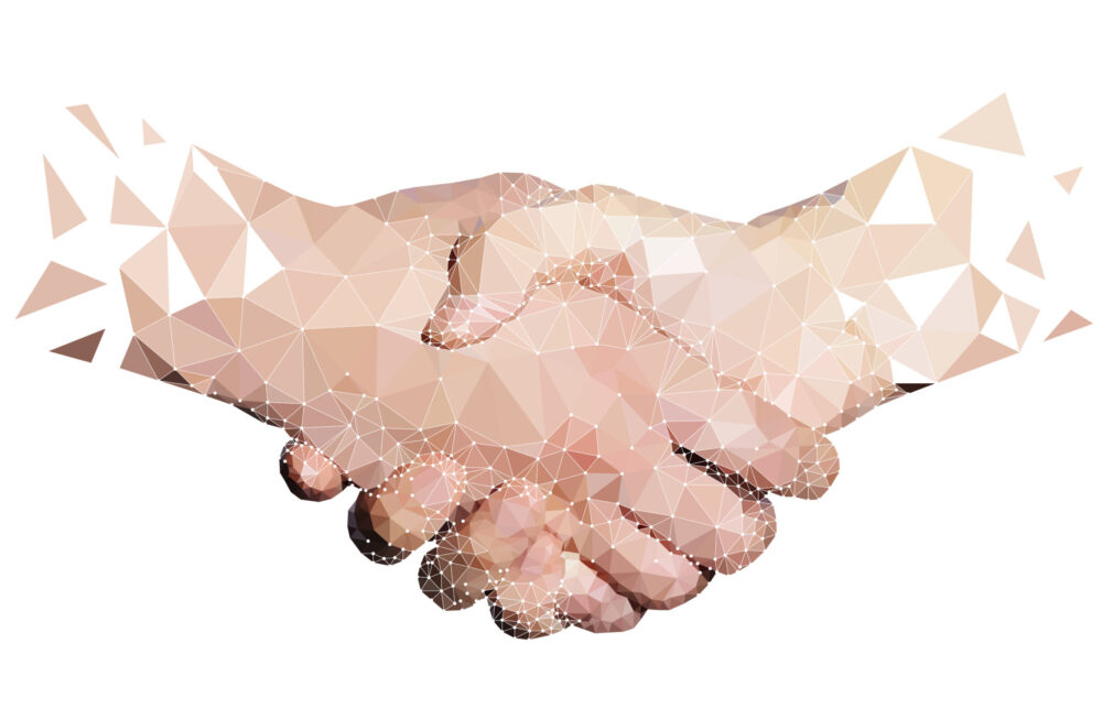 Polygon of Two High Tech Hands Handshaking.