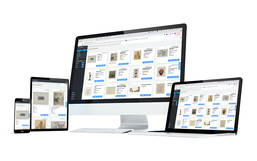 Multiple devices representing the different views of the Cubist Cloud inventory page grid view. Devices include desktop, laptop, tablet and mobile phone.