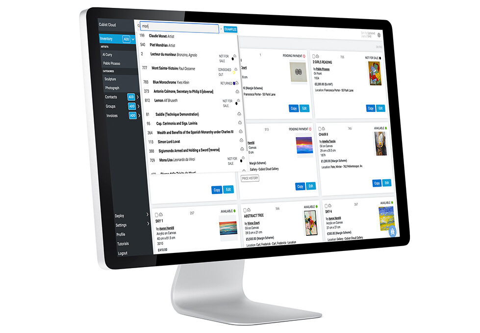 A desktop computer showing the Cubist Cloud system searching for items.