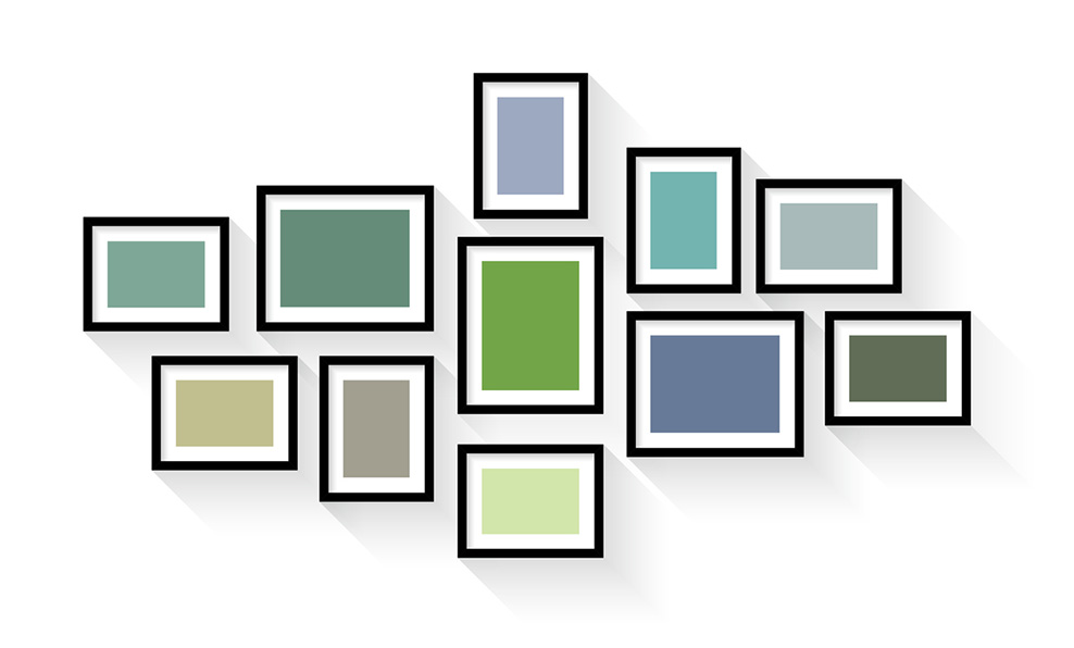 A set of picture frames organised into a nice shape with different colours
