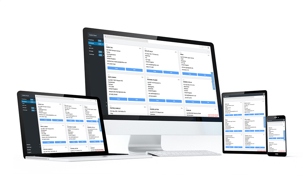 Multiple devices representing the different views of the Cubist Cloud contacts page view. Devices include desktop, laptop, tablet and mobile phone.