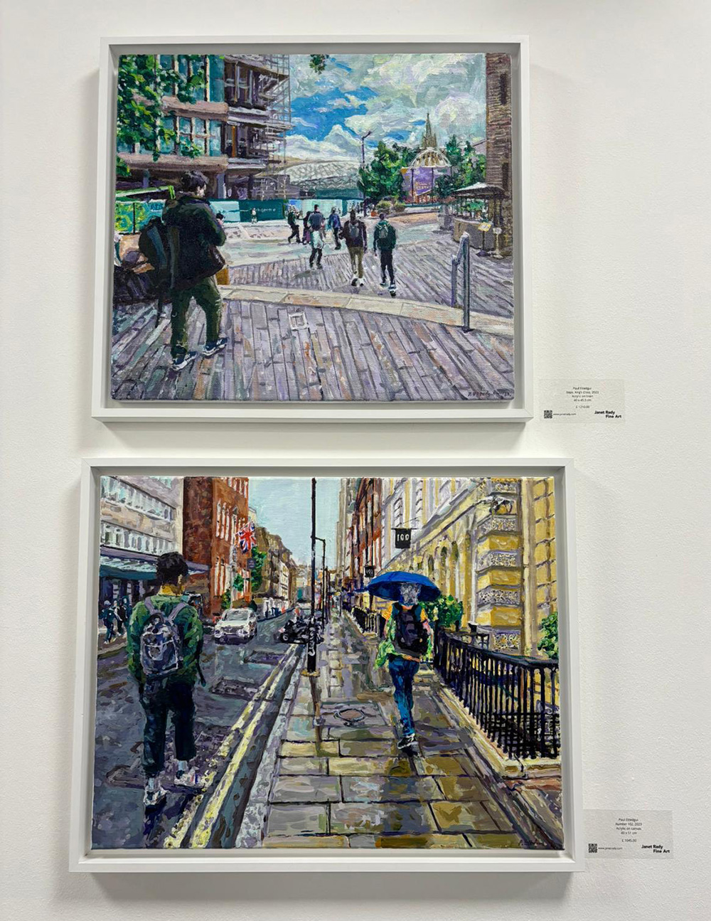 2 paintings by Paul Ettedgui hanging on the wall at London Art Fair, 2024. "Steps, Kings Cross" and "Number 102" both from 2023.